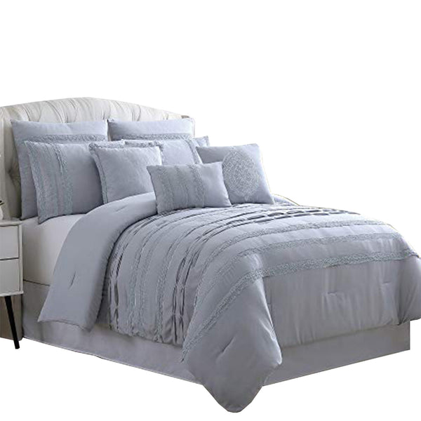 Assisi 8 Piece Queen Comforter Set with Reverse Pleats and Lace The Urban Port, Gray - BM222755