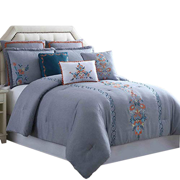 Odense 8 Piece Queen Comforter Set with Floral Embroidery The Urban Port, Multicolor - BM222759