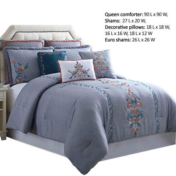 Odense 8 Piece Queen Comforter Set with Floral Embroidery The Urban Port, Multicolor - BM222759
