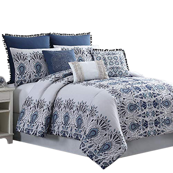 Constanta 8 Piece Queen Comforter Set with Floral Print The Urban Port,Blue and White - BM222761