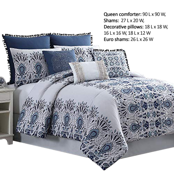 Constanta 8 Piece Queen Comforter Set with Floral Print The Urban Port,Blue and White - BM222761