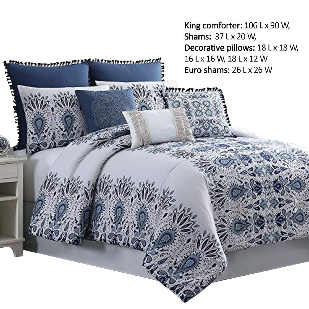 Constanta 8 Piece King Comforter Set with Floral Print The Urban Port, Blue and White - BM222762