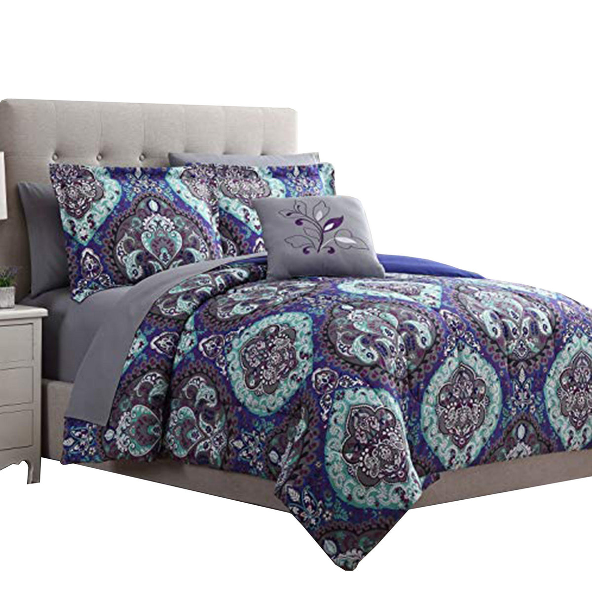 Split 6 Piece Reversible Printed Twin Size Complete Bed Set The Urban Port, Blue - BM222765