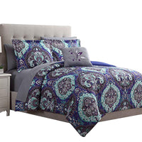 Split 6 Piece Reversible Printed Twin Size Complete Bed Set The Urban Port, Blue - BM222765