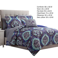 Split 6 Piece Reversible Printed Twin Size Complete Bed Set The Urban Port, Blue - BM222765