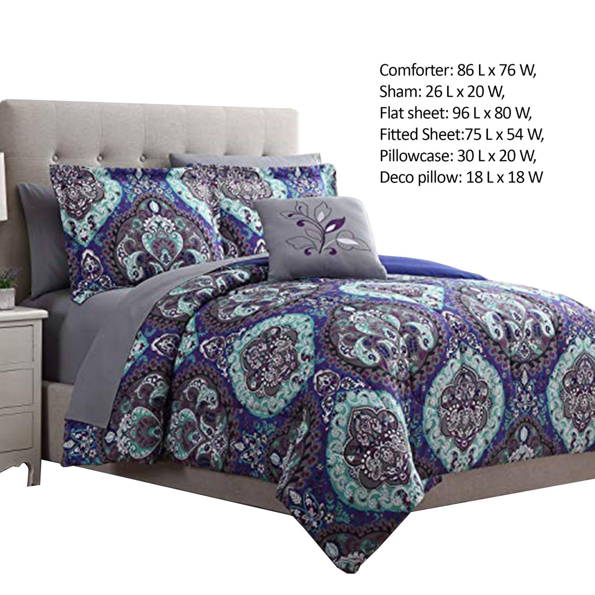 Split 8 Piece Reversible Printed Full Size Complete Bed Set The Urban Port, Blue - BM222766