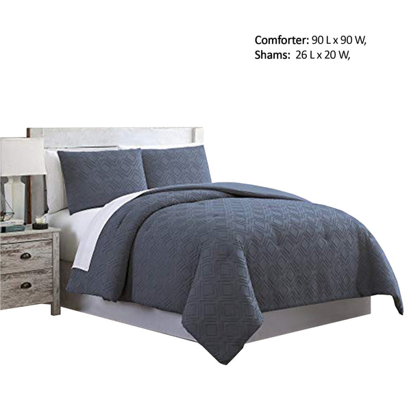 Gothenburg 3 Piece Diamond Pattern Queen Size Comforter Set The Urban Port,Navy Blue - BM222788