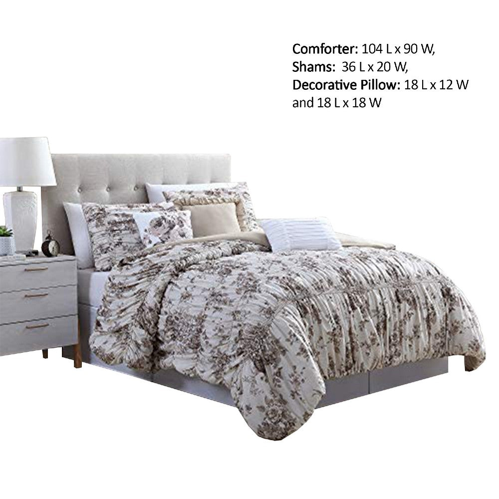 Lyon 6 Piece Floral King Comforter Set with Shirring The Urban Port, Beige and Brown - BM222809