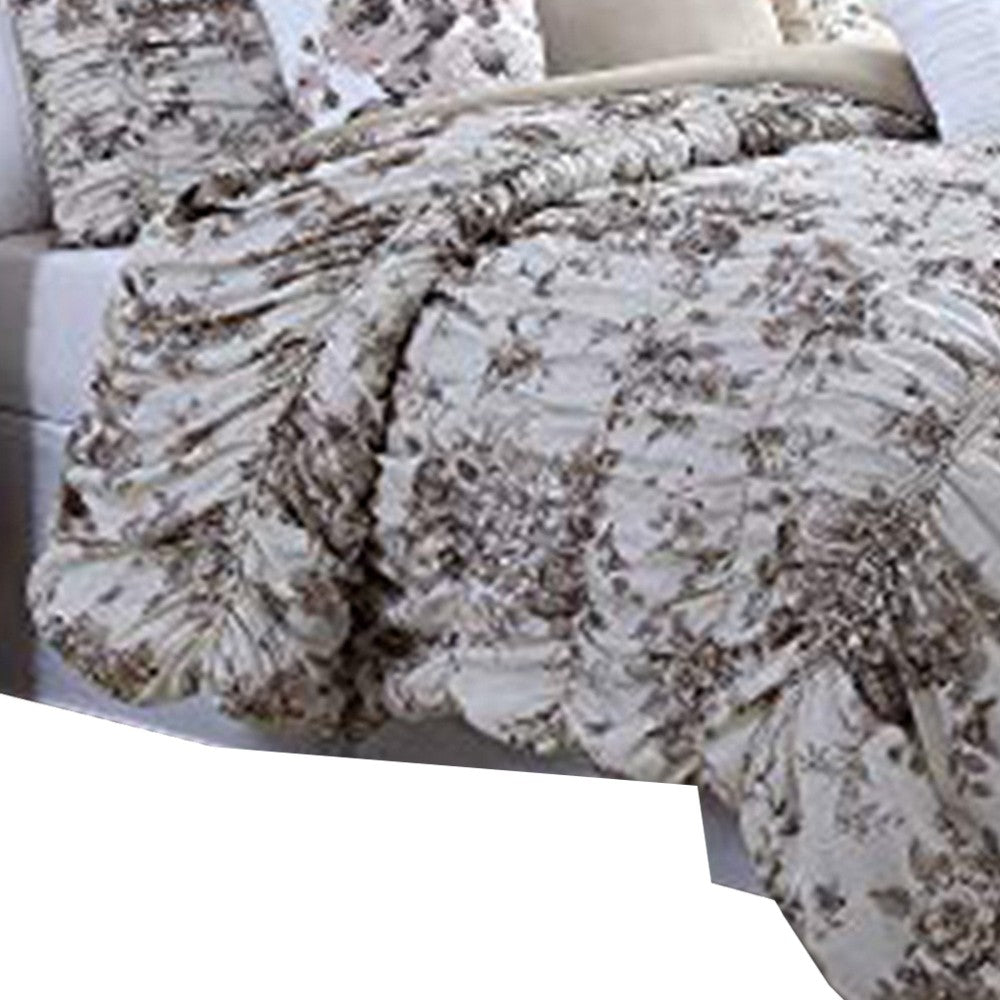 Lyon 6 Piece Floral King Comforter Set with Shirring The Urban Port, Beige and Brown - BM222809