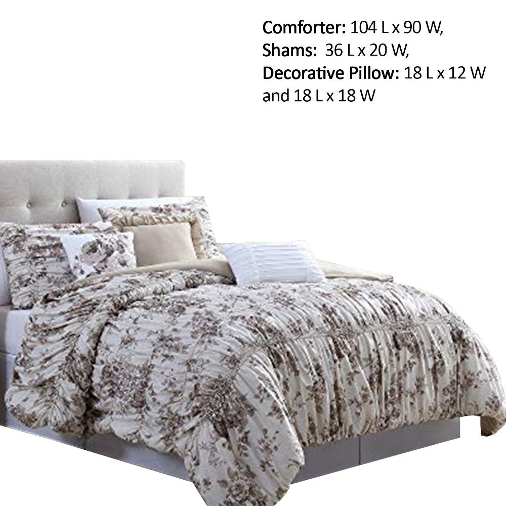 Lyon 6 Piece Floral King Comforter Set with Shirring The Urban Port, Beige and Brown - BM222809