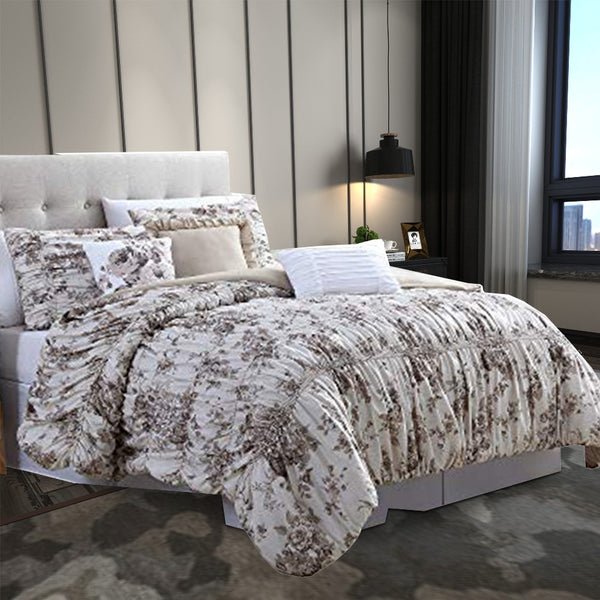 Lyon 6 Piece Floral King Comforter Set with Shirring The Urban Port, Beige and Brown - BM222809