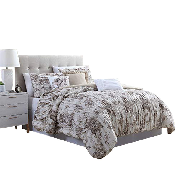 Lyon 6 Piece Floral Queen Comforter Set with Shirring The Urban Port, Beige and Brown - BM222810