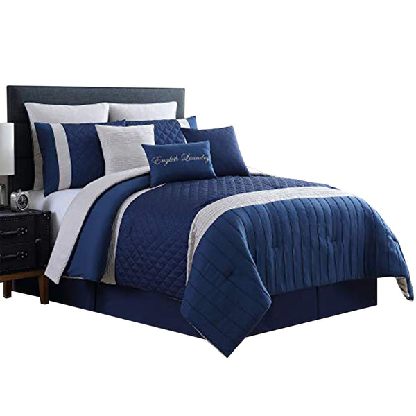 Basel Pleated Queen Comforter Set with Diamond Pattern The Urban Port, Blue and White - BM222818