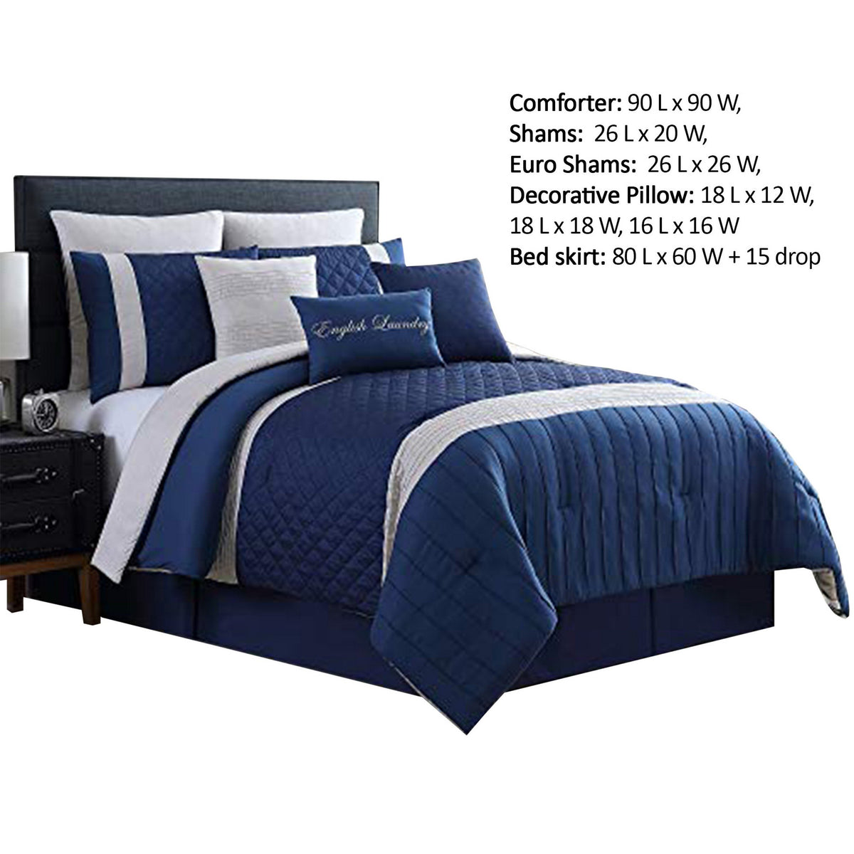 Basel Pleated Queen Comforter Set with Diamond Pattern The Urban Port, Blue and White - BM222818