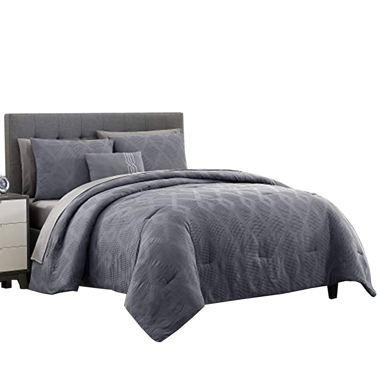 Salzburg Textured King Size Comforter Set with Diamond Pattern The Urban Port, Gray - BM222819