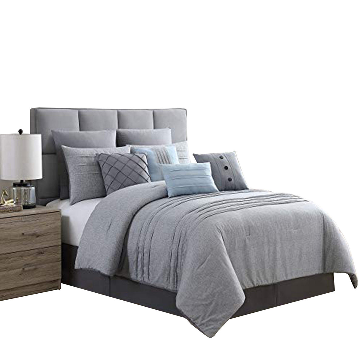 Rhodes Town Textured Print King Size Comforter Set with Pleats, Gray - BM222821