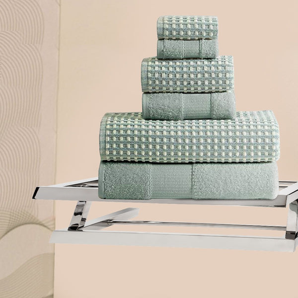 Porto 6 Piece Dual Tone Towel Set with Jacquard Grid Pattern The Urban Port, Blue - BM222846