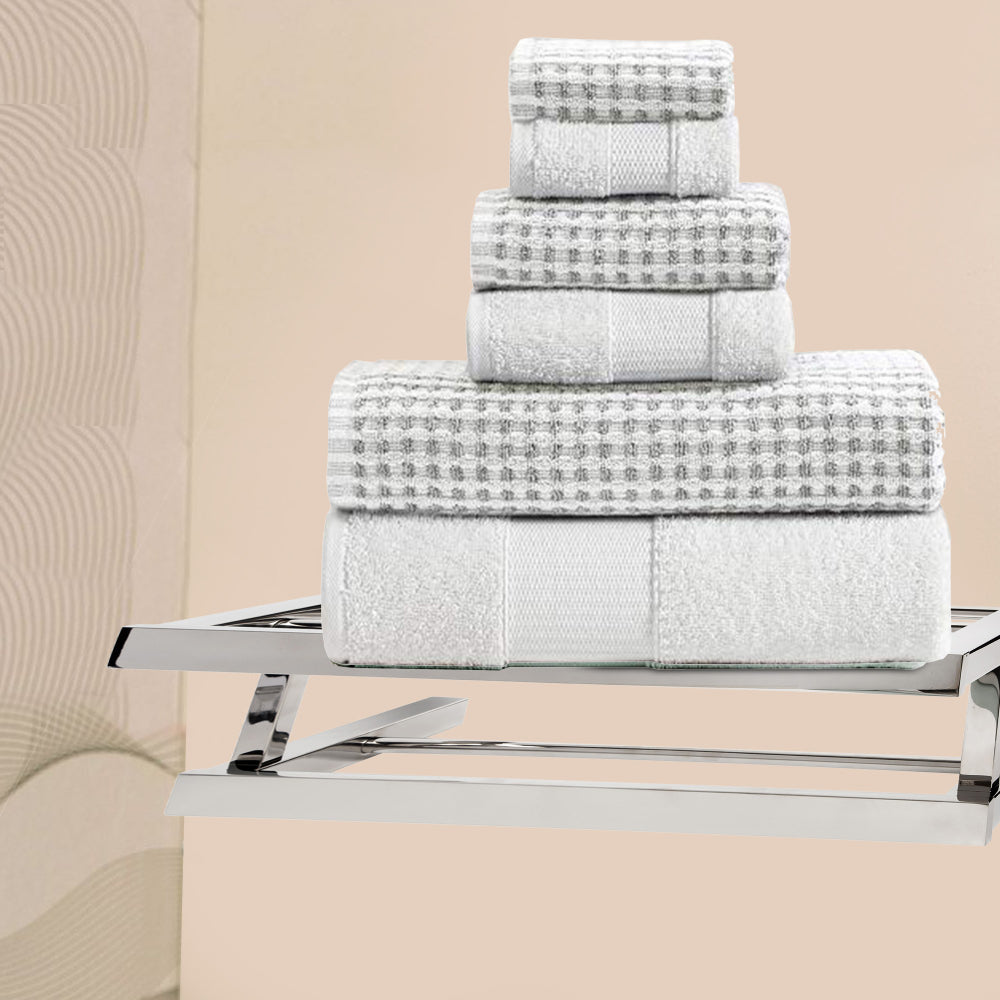 Porto 6 Piece Dual Tone Towel Set with Jacquard Grid Pattern The Urban Port, White - BM222848