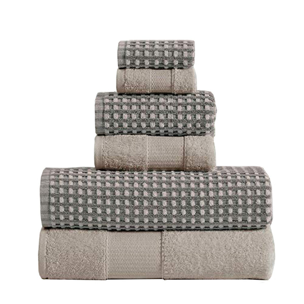 Porto 6 Piece Towel Set with Jacquard Grid Pattern The Urban Port, Beige and Gray - BM222849