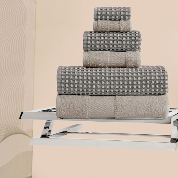 Porto 6 Piece Towel Set with Jacquard Grid Pattern The Urban Port, Beige and Gray - BM222849