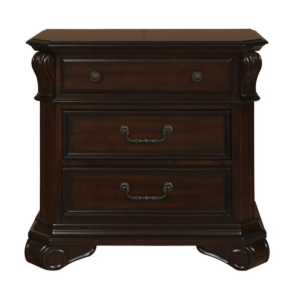 3 Drawer Wooden Nightstand with Molded Details and Metal Pulls, Brown - BM223269