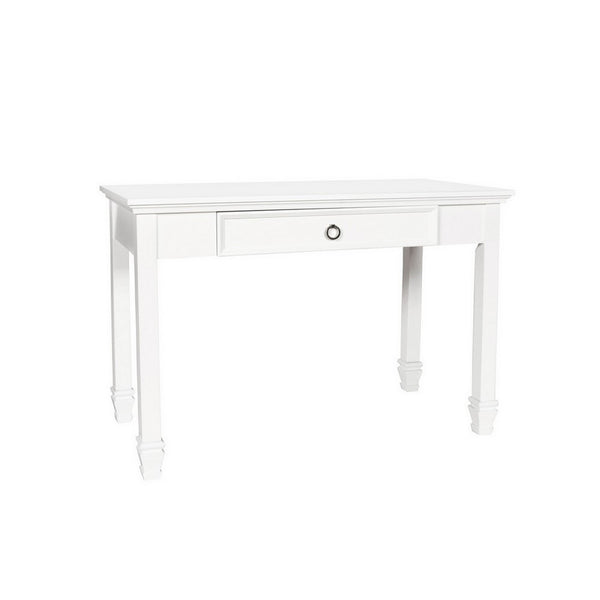 Single Drawer Wooden Desk with Metal Ring Pull and Tapered Legs, White - BM223281