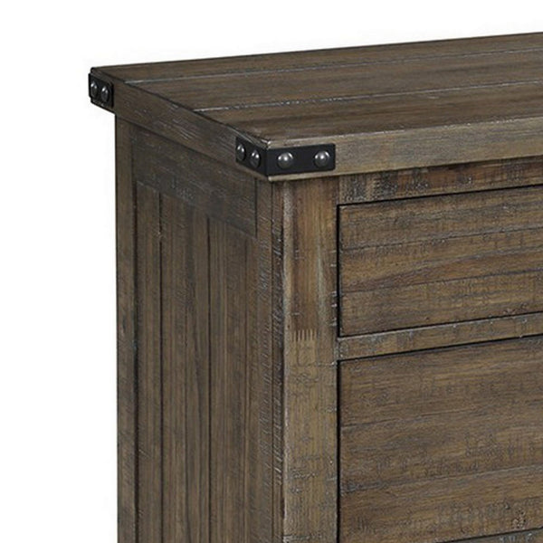 3 Drawer Wooden Nightstand with Metal Corner Brackets and Rivets, Brown - BM223285