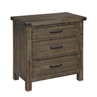 3 Drawer Wooden Nightstand with Metal Corner Brackets and Rivets, Brown - BM223285