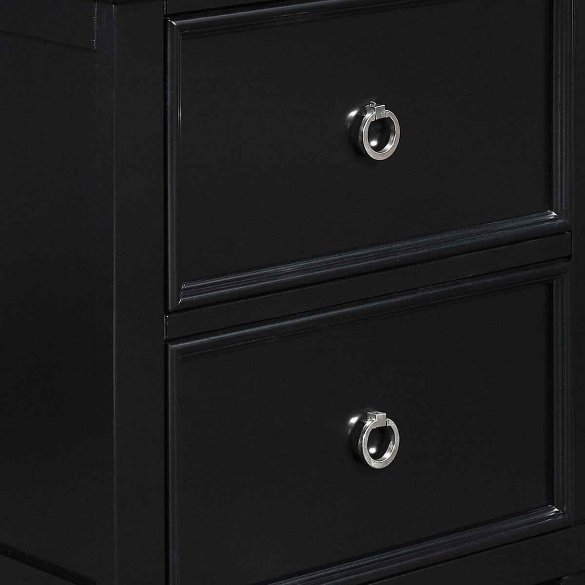 2 Drawer Wooden nightstand with Tapered Legs and Metal Rings, Black - BM223297