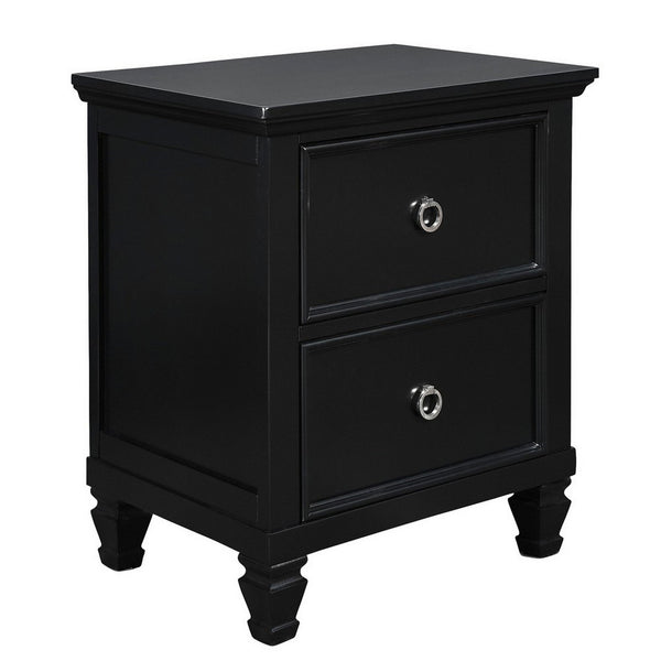 2 Drawer Wooden nightstand with Tapered Legs and Metal Rings, Black - BM223297