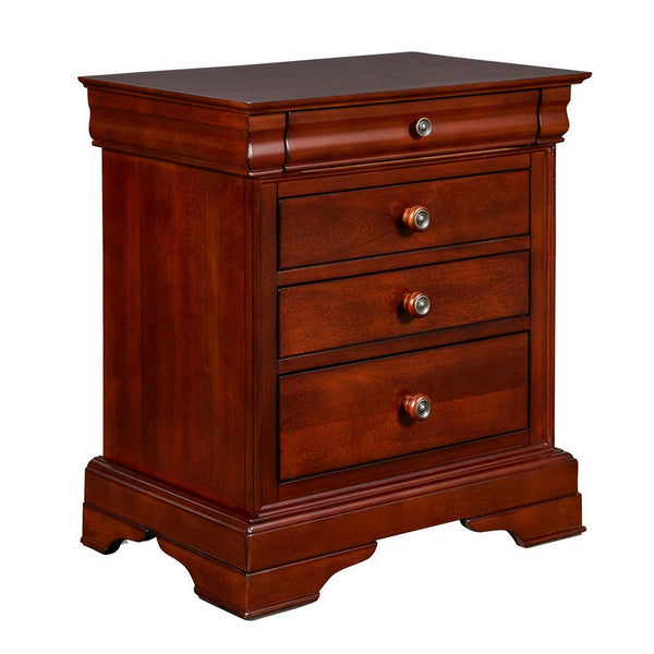 4 Drawer Wooden Nightstand with Bracket Legs and Metal Knobs, Brown - BM223357