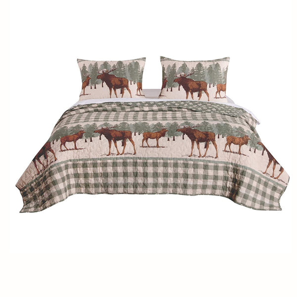 2 Piece Twin Quilt Set, Animal Print, Plaid Pattern, Green and Brown - BM223377