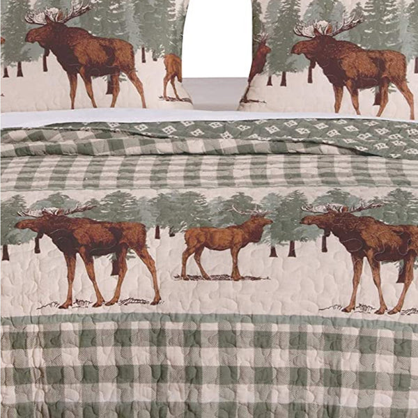 2 Piece Twin Quilt Set, Animal Print, Plaid Pattern, Green and Brown - BM223377