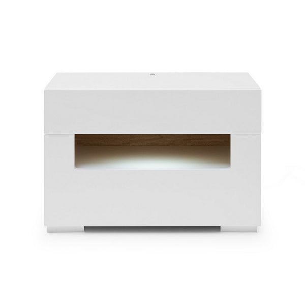 2 Pull Out Drawer Nightstand with High Gloss and Open Compartment, White - BM223473