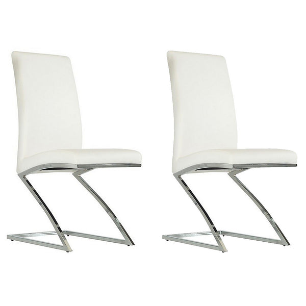 Leatherette Dining Chair with Z Shape Metal Base, Set of 2, White and Chrome - BM223505