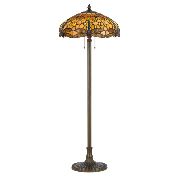 2 Bulb Tiffany Floor Lamp with Dragonfly Design Shade, Multicolor - BM223536
