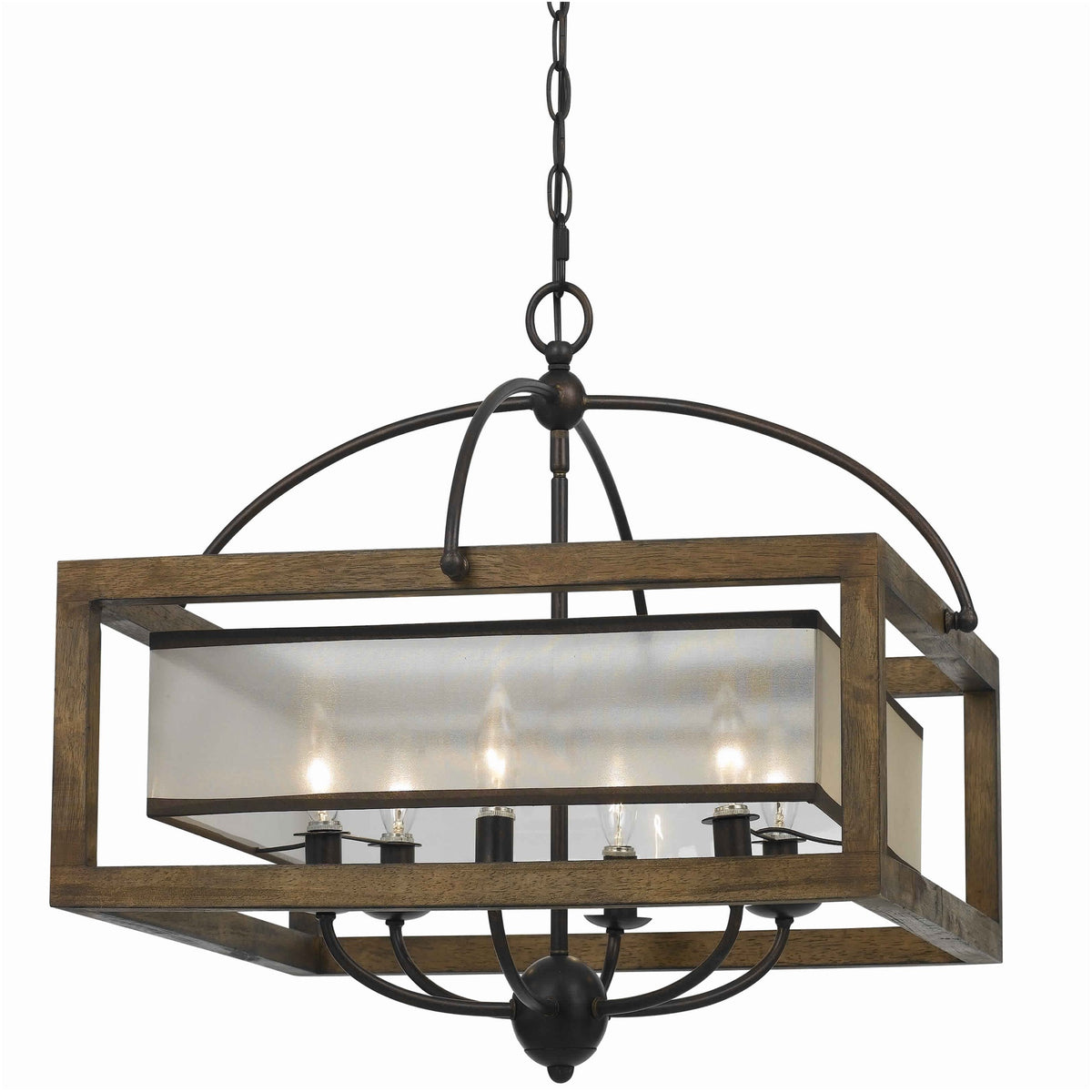 6 Bulb Square Chandelier with Wooden Frame and Organza Striped Shade, Brown - BM223594