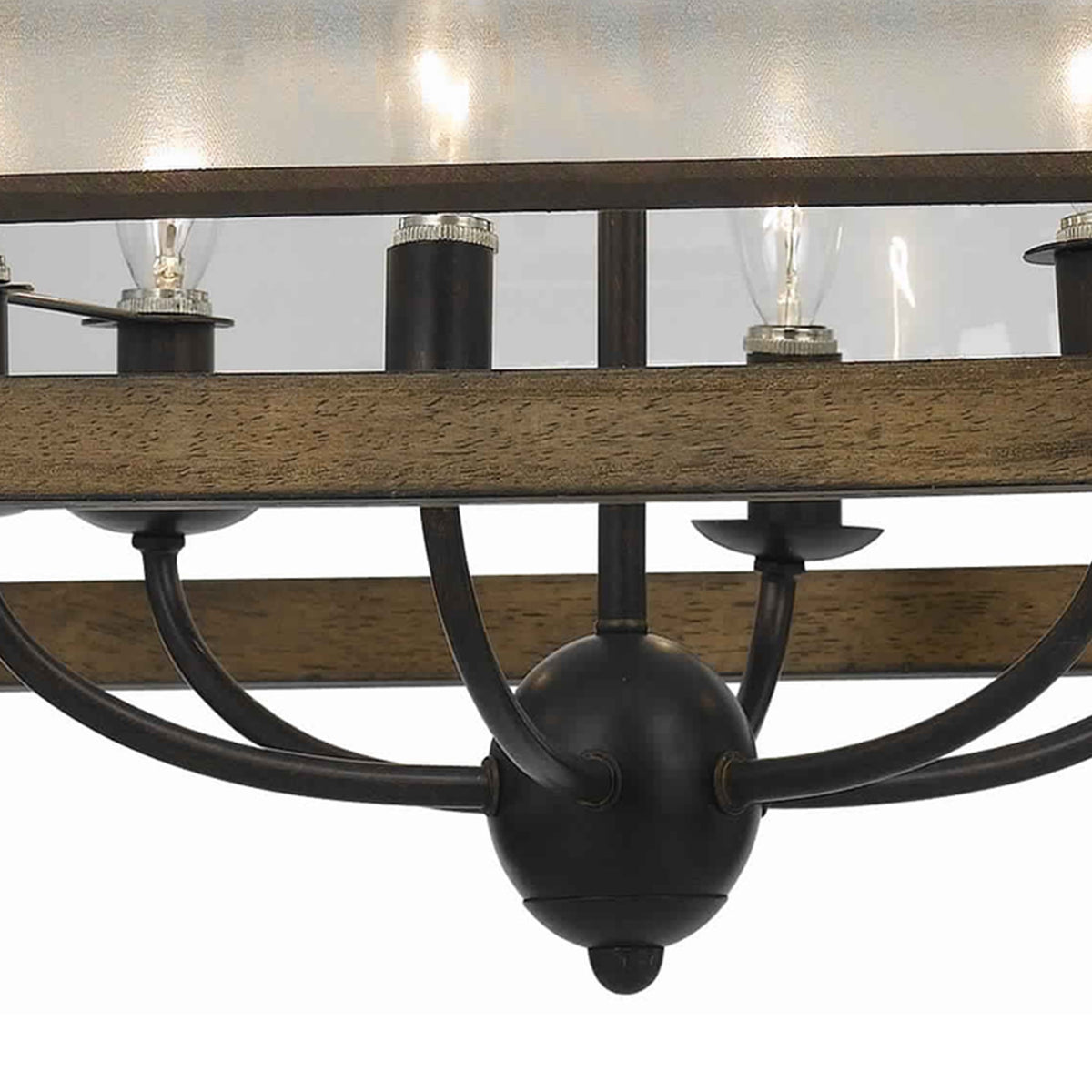 6 Bulb Square Chandelier with Wooden Frame and Organza Striped Shade, Brown - BM223594