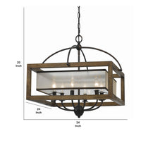 6 Bulb Square Chandelier with Wooden Frame and Organza Striped Shade, Brown - BM223594