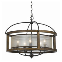 5 Bulb Round Chandelier with Wooden Frame and Organza Striped Shade, Brown - BM223597