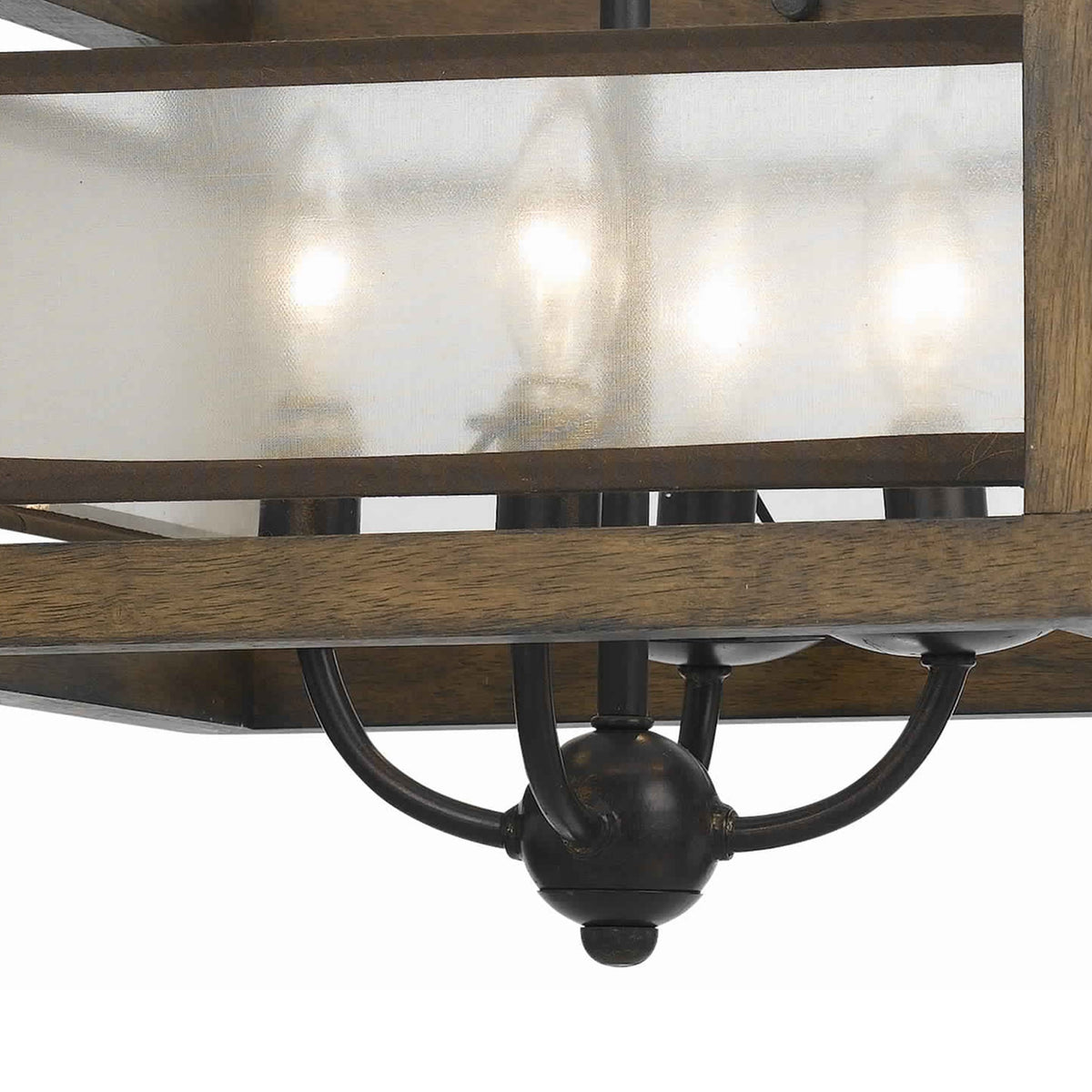 4 Bulb Semi Flush Pendant with Wooden Frame and Organza Striped Shade,Brown - BM223620