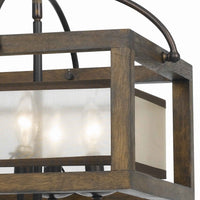 4 Bulb Semi Flush Pendant with Wooden Frame and Organza Striped Shade,Brown - BM223620