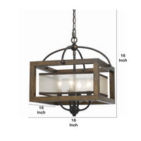 4 Bulb Semi Flush Pendant with Wooden Frame and Organza Striped Shade,Brown - BM223620