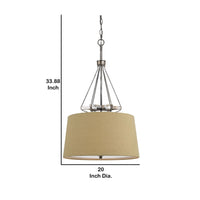 3 Bulb Pendent with Round Burlap Shade and Metal Frame, Beige - BM223631