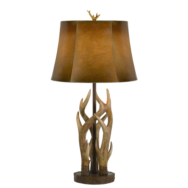 150 Watt Leatherette Shade Table Lamp with Antler Polyresin Base, Brown - BM224718