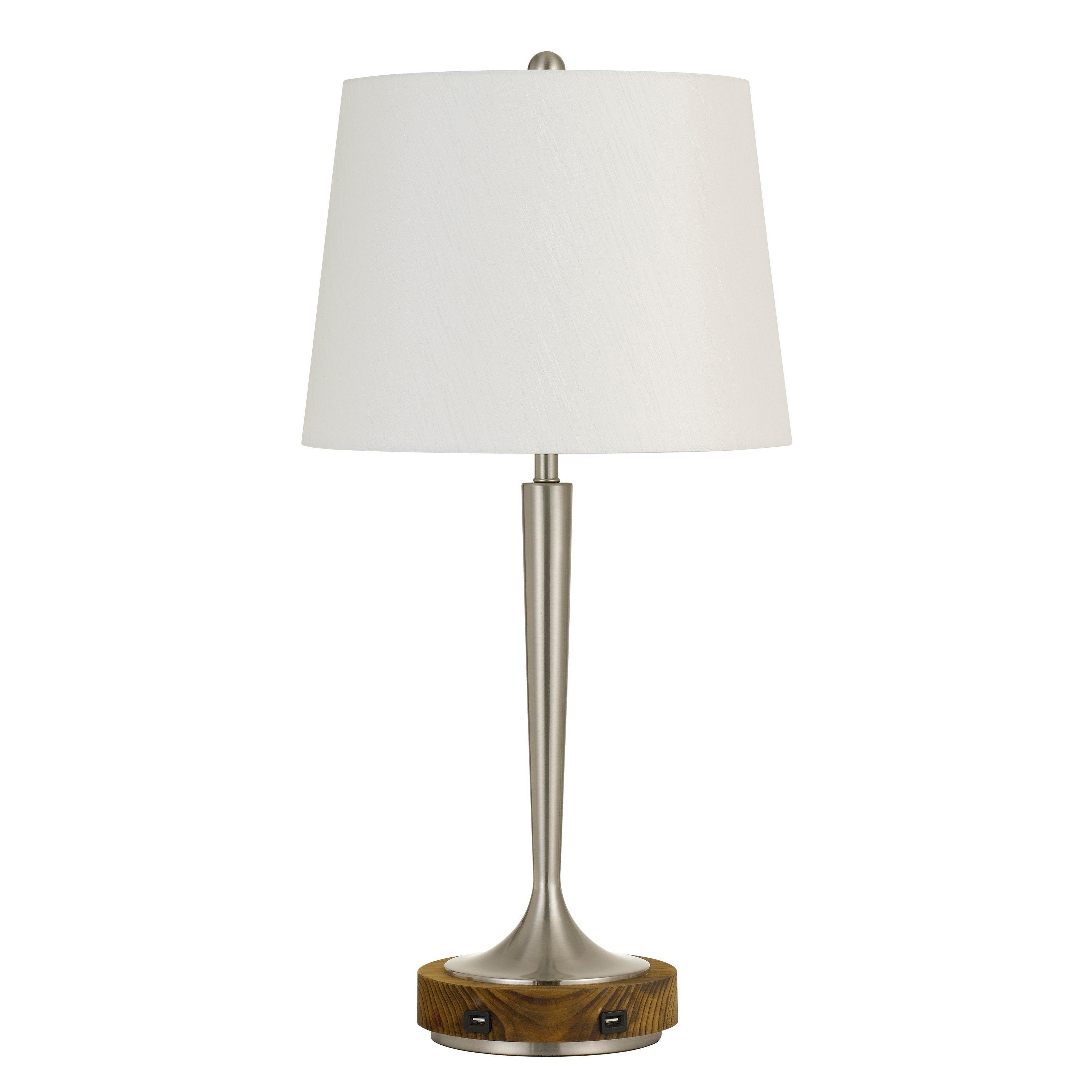 benzara 150W Metal Table Lamp with Oval Shade and 2 USB Outlets White and Silver - BM224766