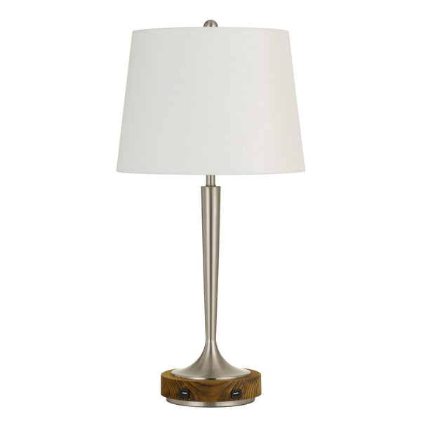 150W Metal Table Lamp with Oval Shade and 2 USB Outlets, White and Silver - BM224766