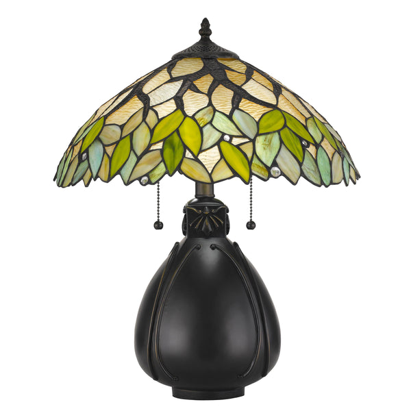 2 Bulb Tiffany Table Lamp with Leaf Design Glass Shade, Multicolor - BM224791