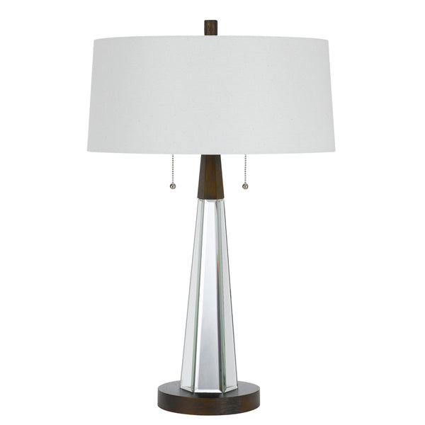 Fabric Shade Table Lamp with Faceted Mirror and Wooden Base, White - BM224805