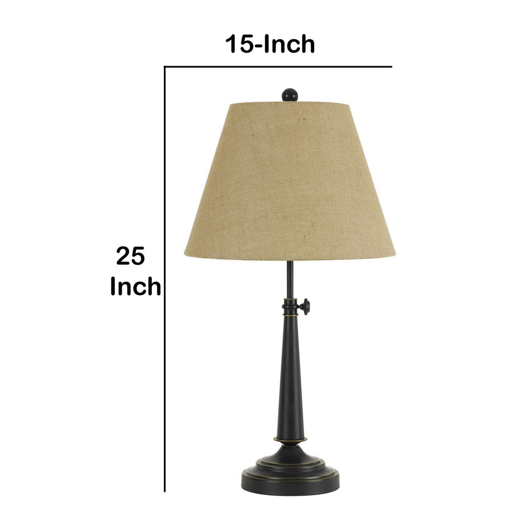 25 Inch Tapered Fabric Adjustable Table Lamp, Pedestal Base, Beige, Black - BM224813